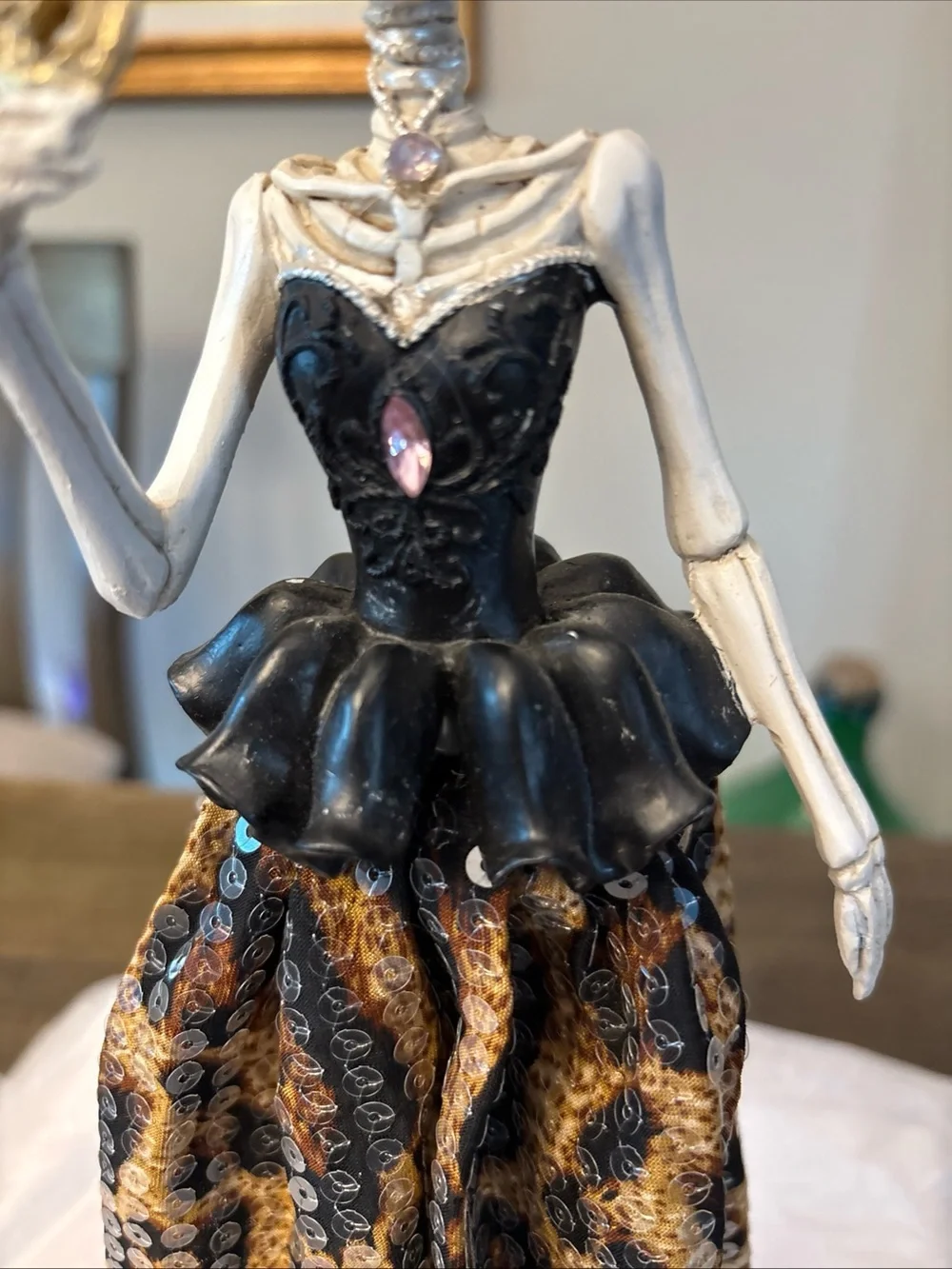 Bella Lux Halloween Skeleton Bow Mask Lady Figurine Leopard Sequin Dress